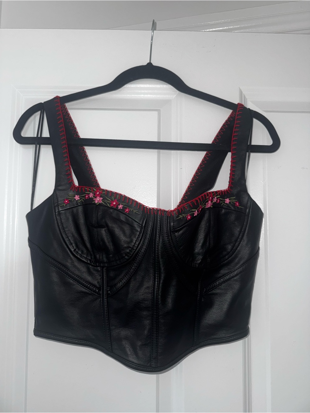 AKIRA Black Faux Leather Bustier Crop Top with Pink Floral Stitching medium